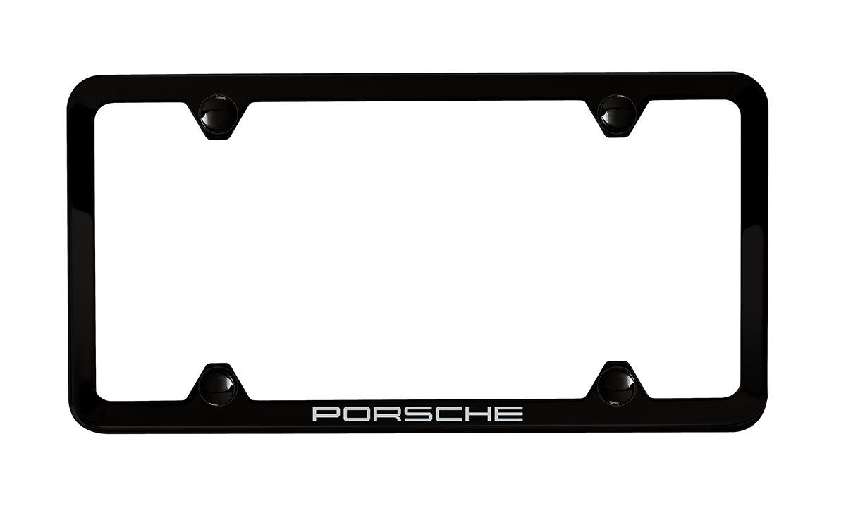 Porsche slimline license plate front view showing black finish and clean look