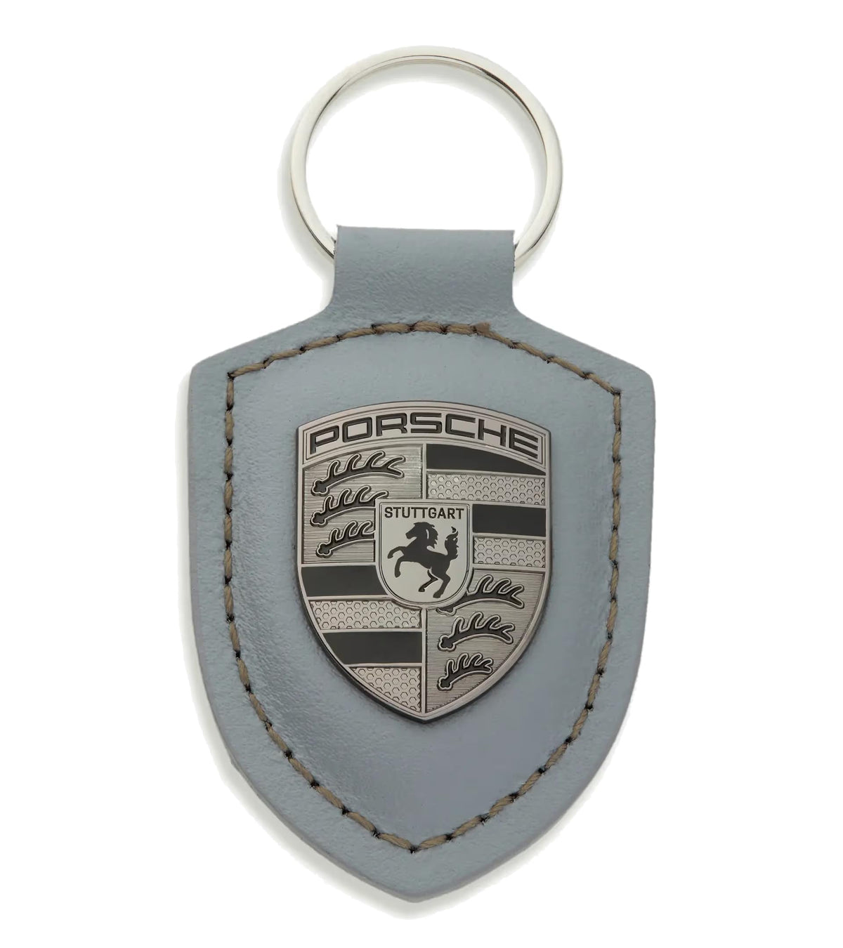 Porsche grey Turbonite crest leather key ring front view showing brand elegance