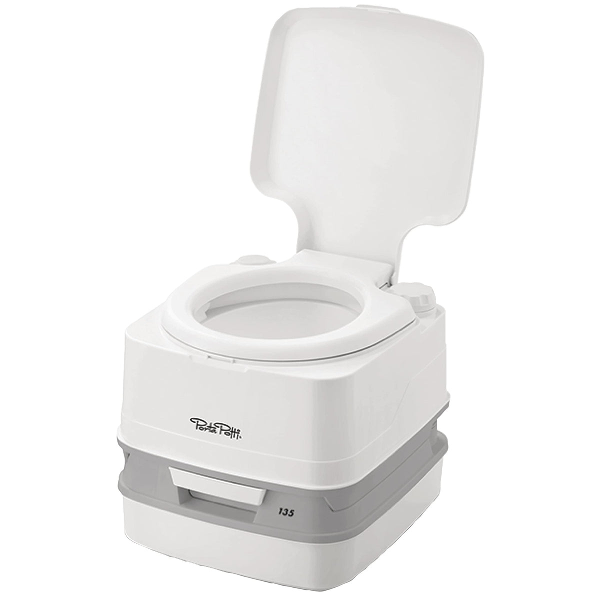 Porta Potti front view showing compact design and easy access benefits