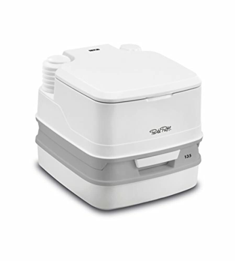 Porta Potti side profile highlighting slim footprint for space savings