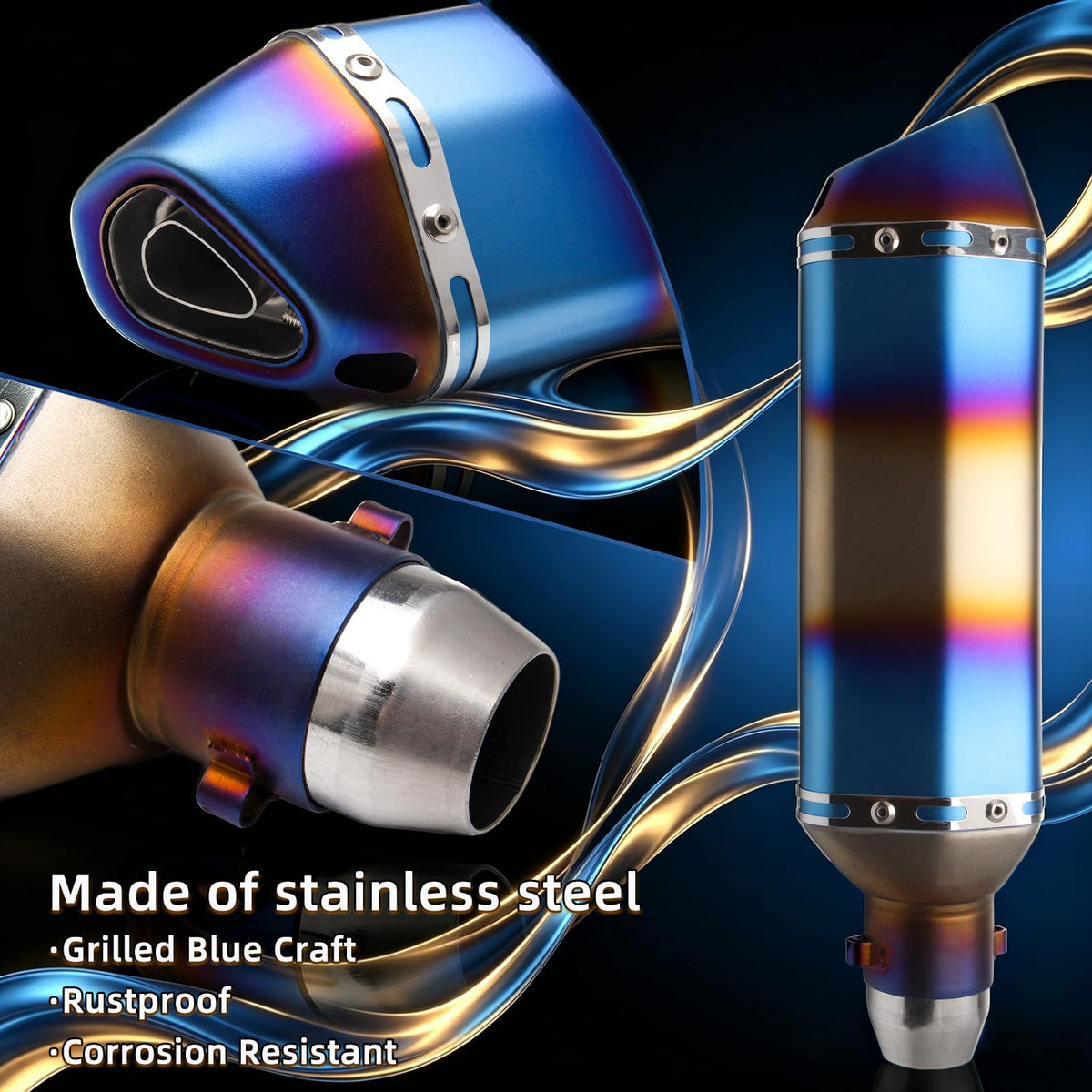POSENG inlet and clamp detail showing 38–51mm fitment for easy slip-on installation