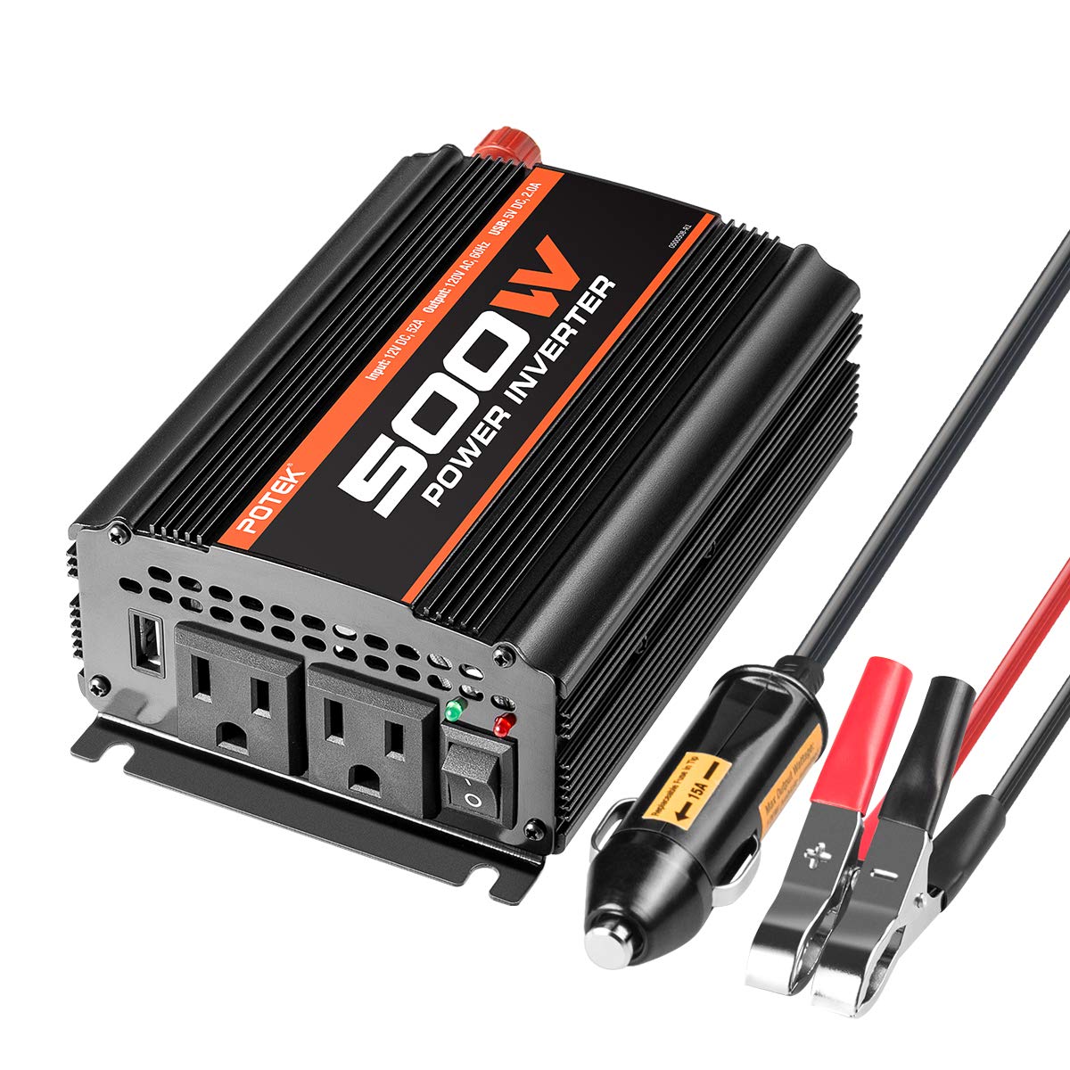 POTEK front view showing two AC outlets and USB for convenient charging