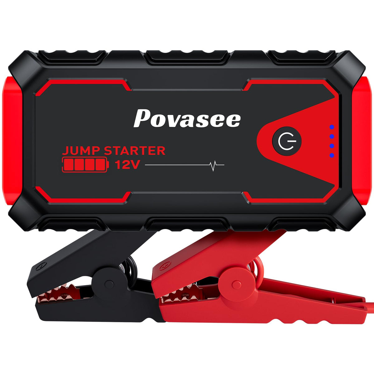 Povasee A30 front view showing compact jump starter and portability benefit
