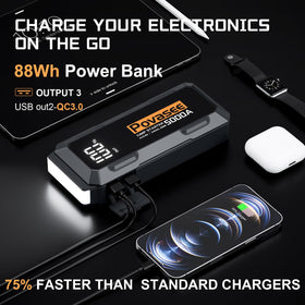 Povasee A40 connected to a car battery demonstrating reliable engine start