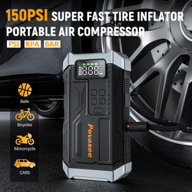 Povasee air compressor with hose and four nozzles, fast inflation versatility