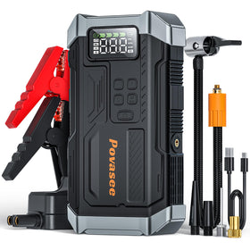 Povasee front view of jump starter showing ports and case, reliable roadside power