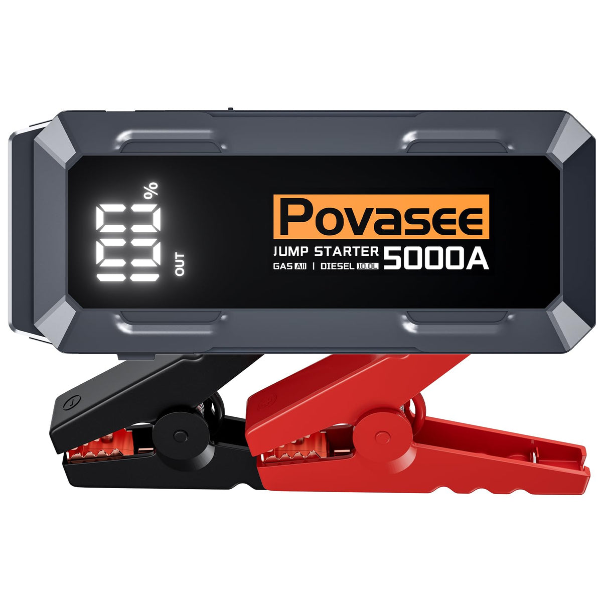 Povasee front view showing compact jump starter and rugged casing benefit quick handling