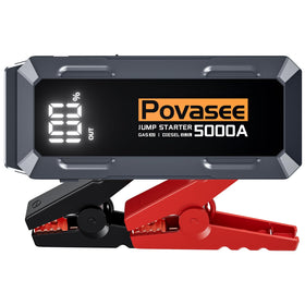 Povasee front view showing compact jump starter and rugged casing benefit quick handling