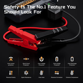 Povasee jump starter in use on car engine illustrating fast roadside recovery