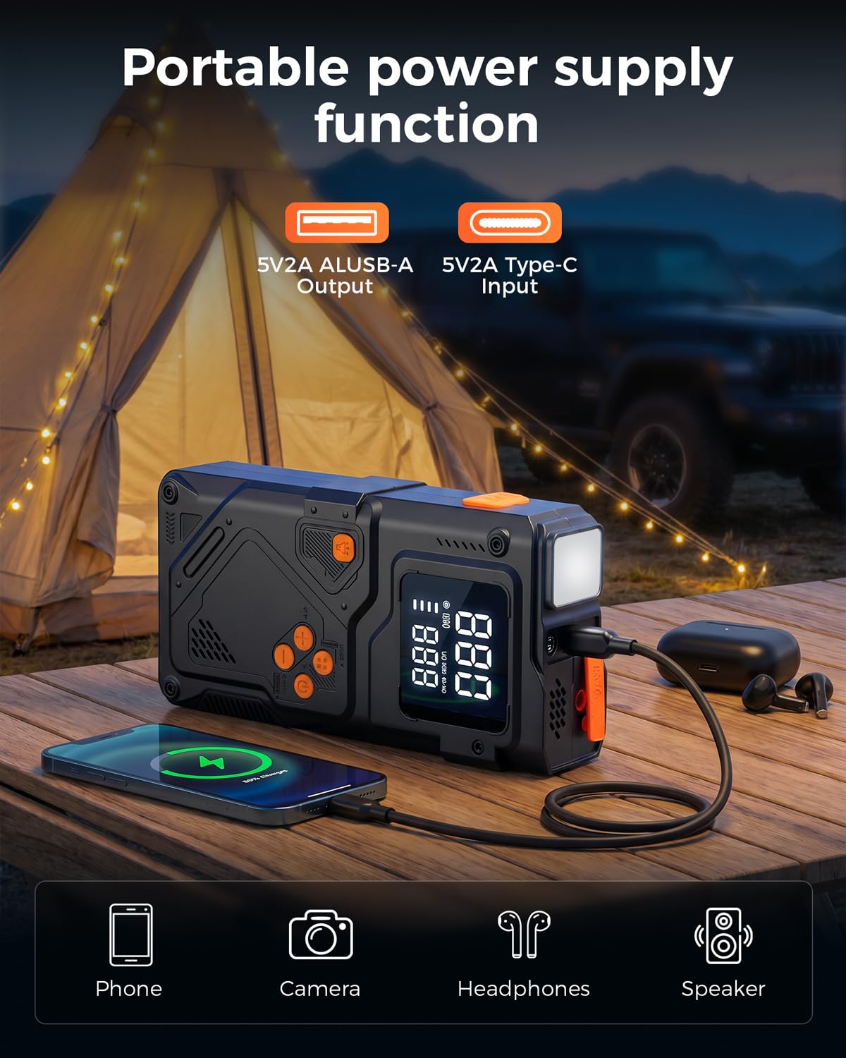 一筋の光 power bank charging a smartphone providing on-the-go power