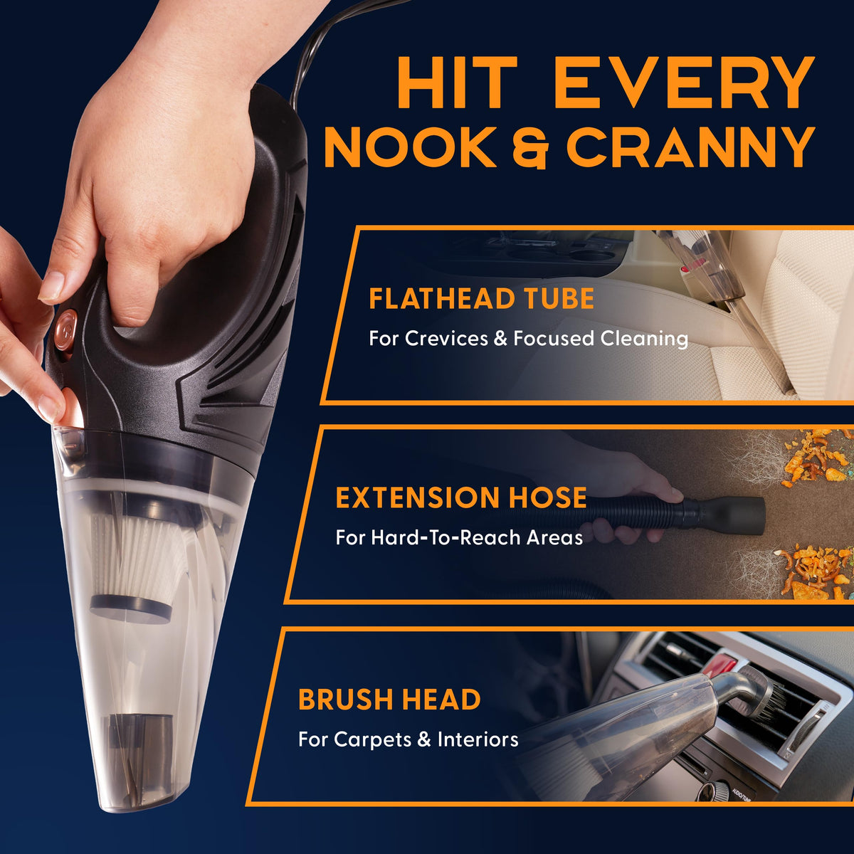 Power Practical vacuum in use on car seat removing pet hair effectively