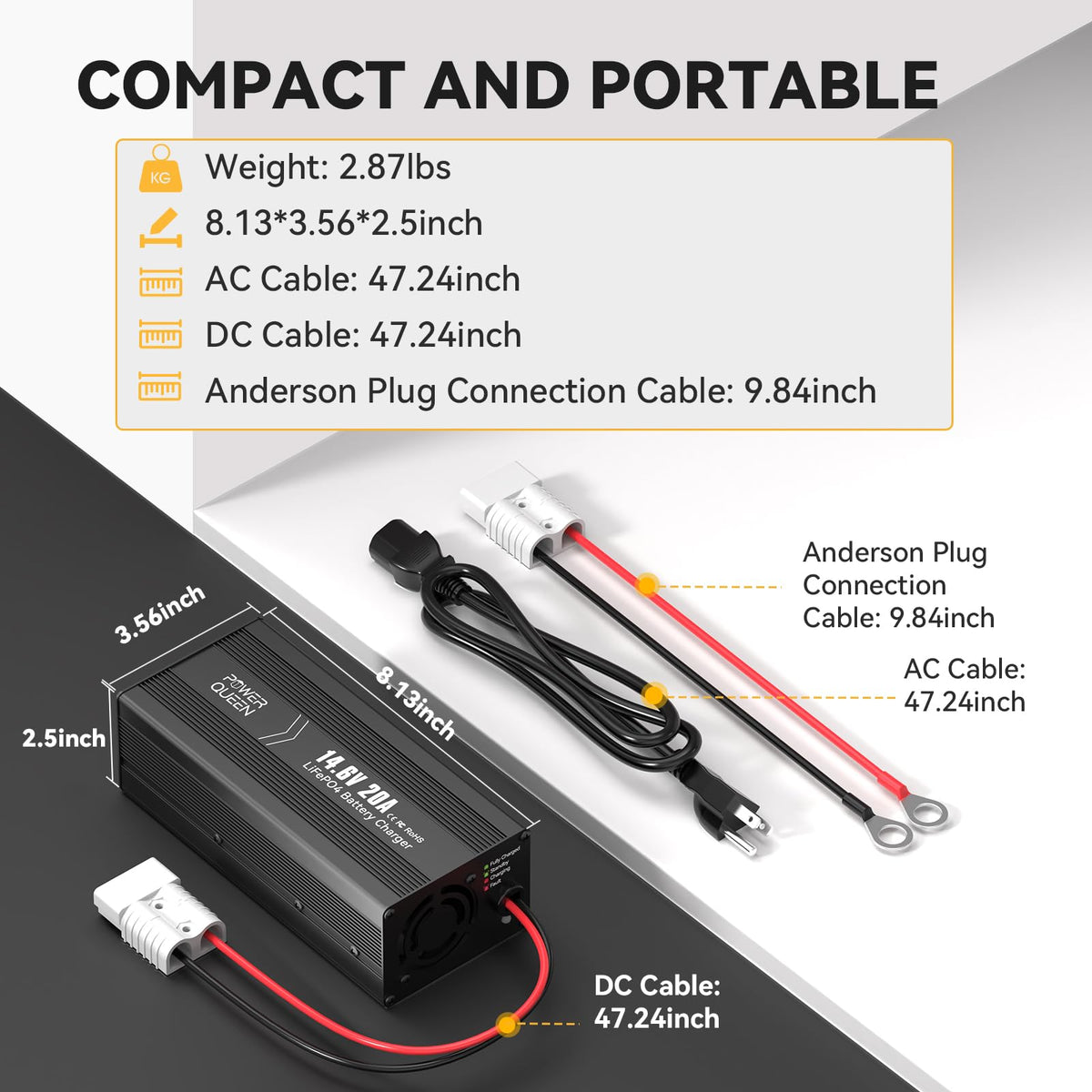 Power Queen connected to an RV battery showing in-use charging convenience benefit