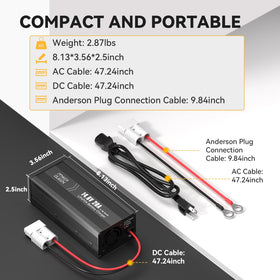 Power Queen connected to an RV battery showing in-use charging convenience benefit