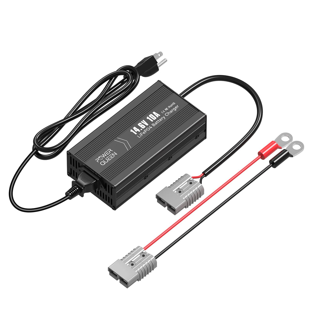 Power Queen charger front view showing connector ports and compact design for reliable charging