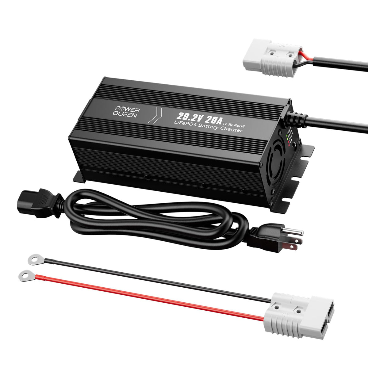 Power Queen charger front view showing ports and robust housing for reliable charging