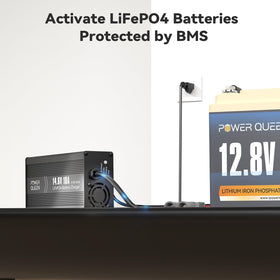 Power Queen charger connected to an RV battery demonstrating fast 10A charging in real use