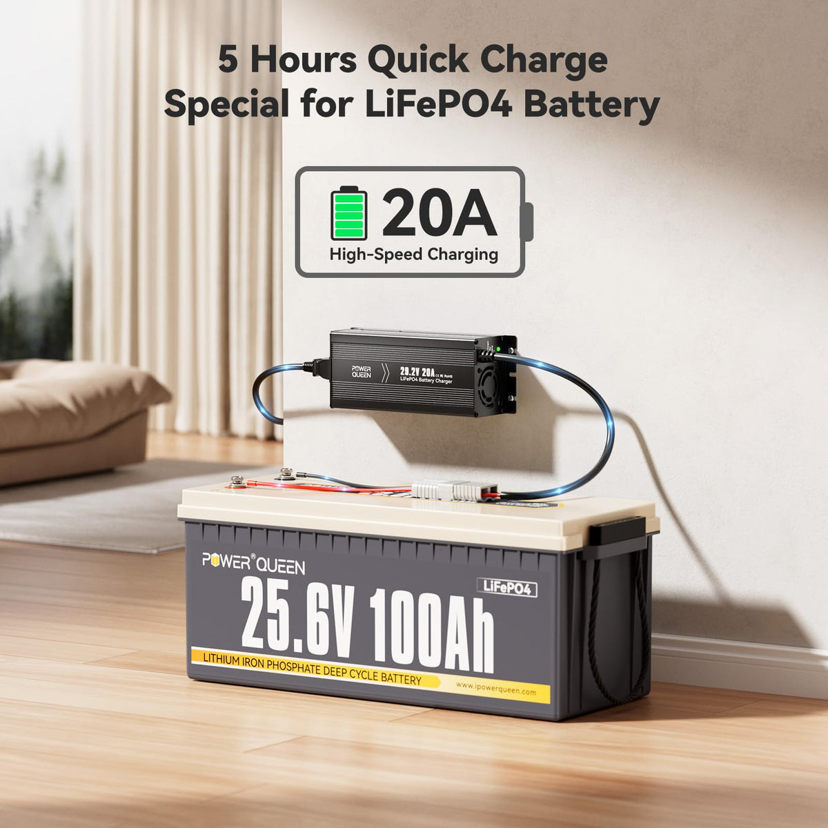 Power Queen connected to RV 24V battery demonstrating fast on-vehicle charging