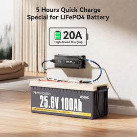 Power Queen connected to RV 24V battery demonstrating fast on-vehicle charging