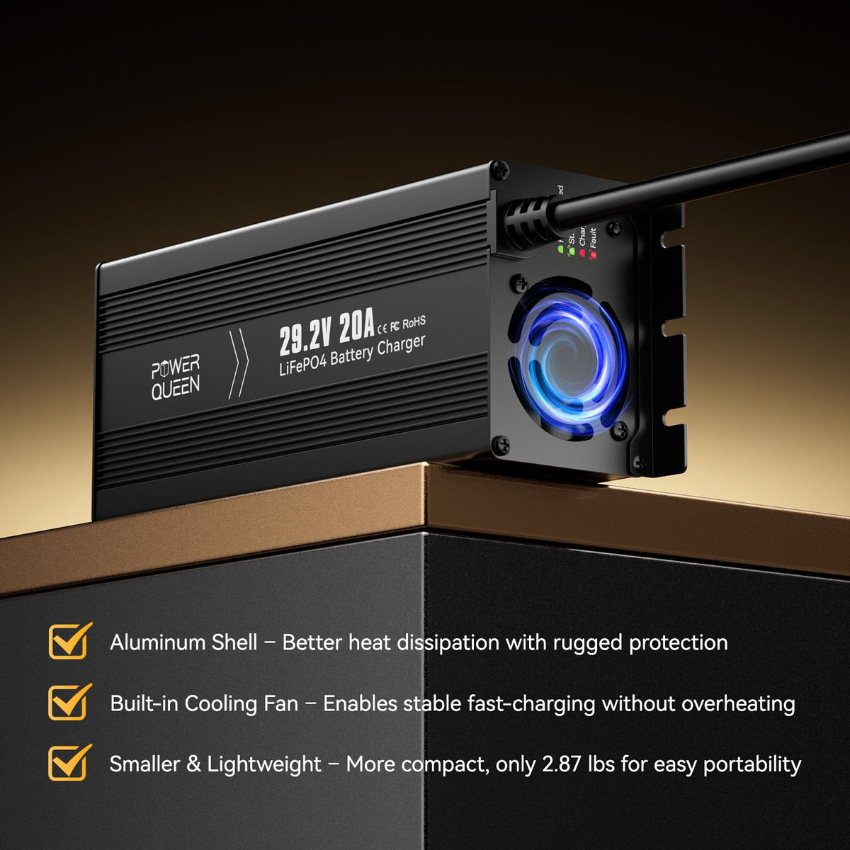 Power Queen LED indicators lit showing charging status for clear diagnostics