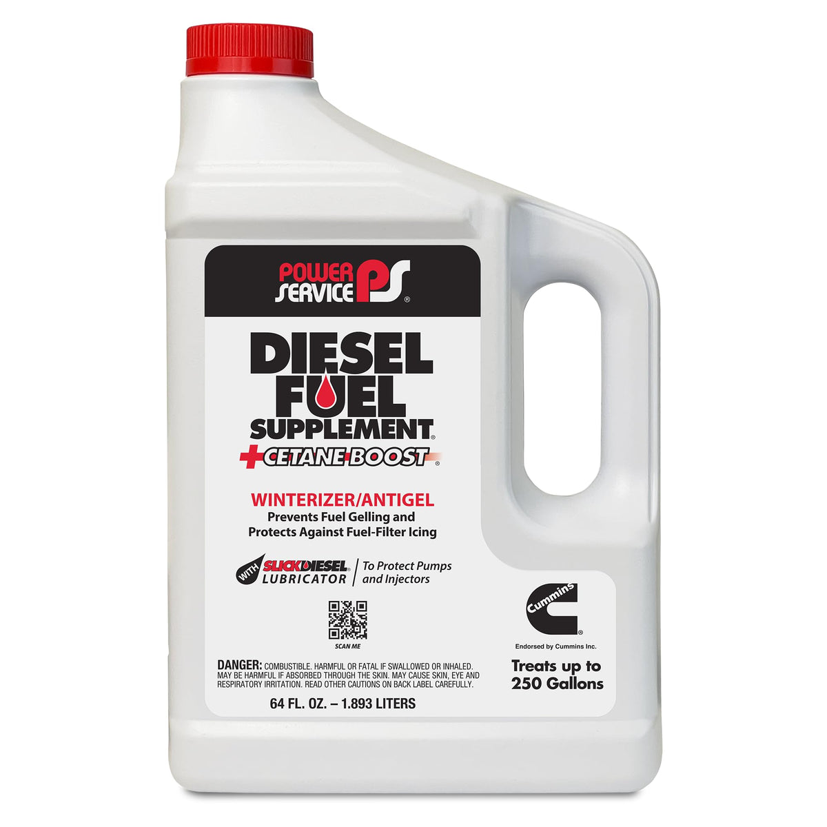 Power Service 64 oz front label showing product benefits and winter use