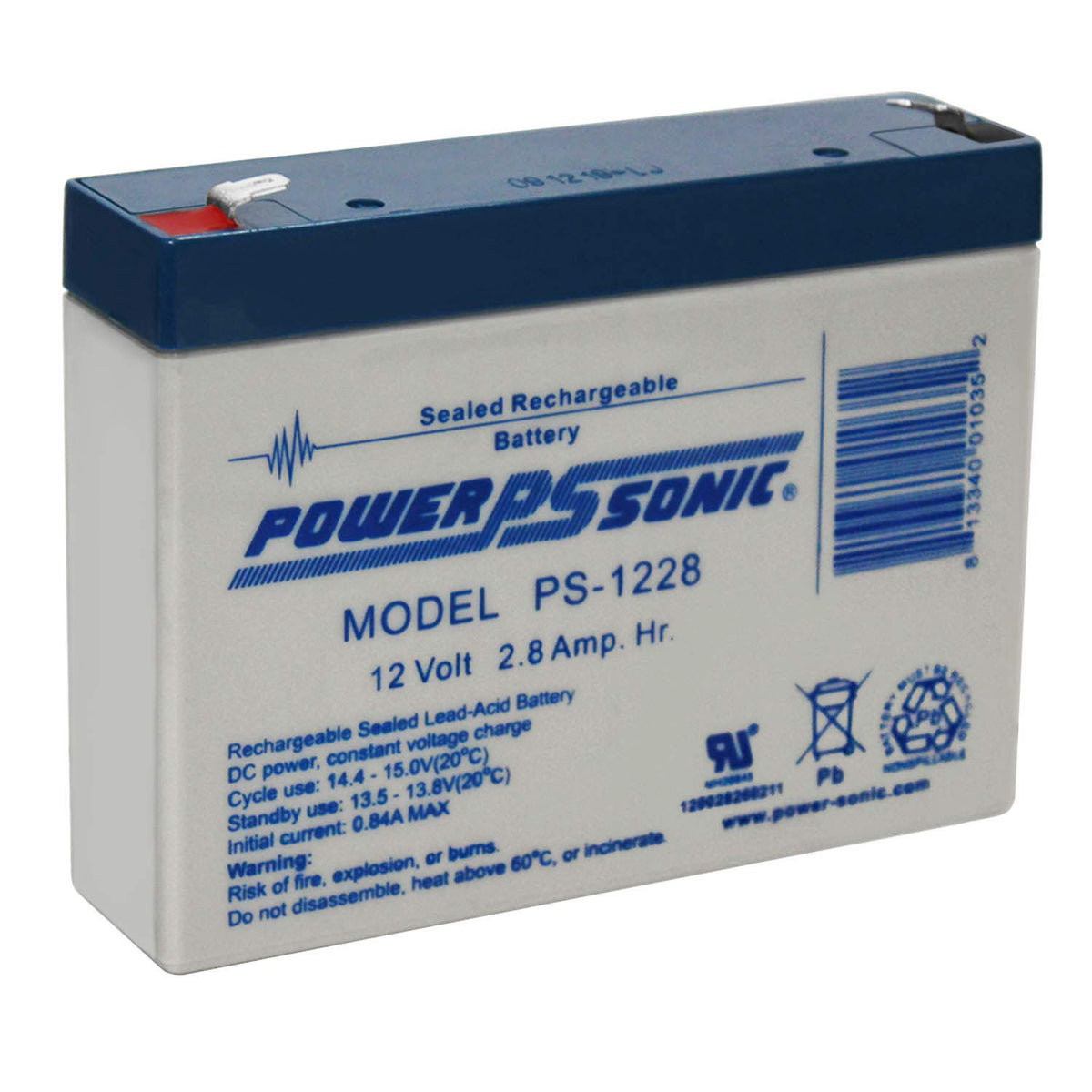 Power Sonic PS-1228 front view showing compact case and terminals for easy replacement