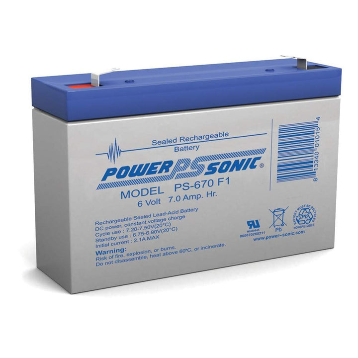 Power-Sonic PS-670 front view showing compact sealed case and clear labeling for easy installation