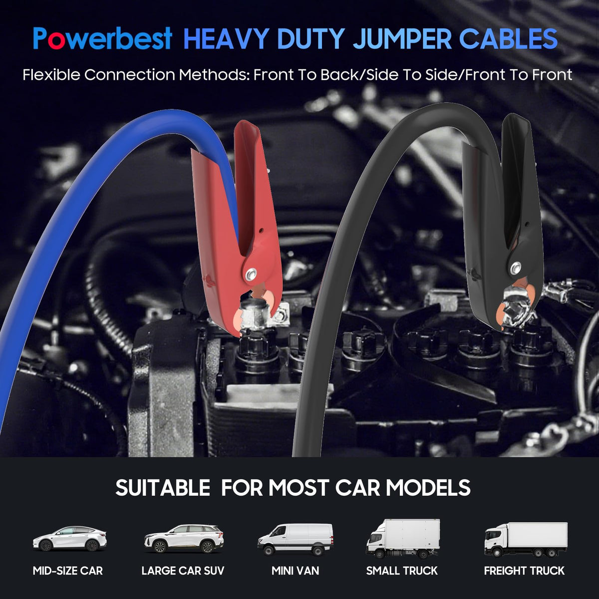 POWERBEST jumper cables in use jump-starting a vehicle demonstrating practical reliability