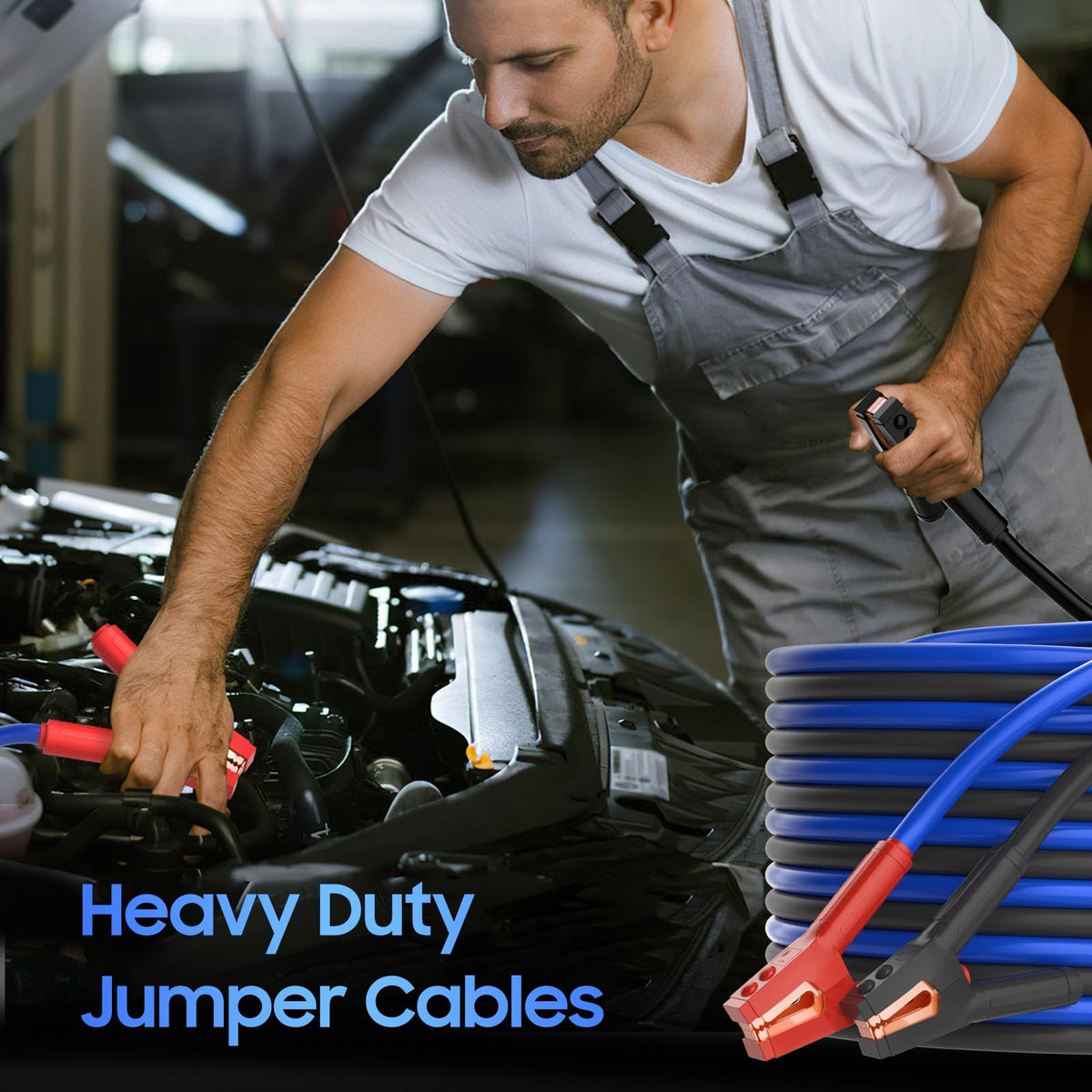 POWERBEST clamps attached to battery demonstrating quick roadside jump assistance