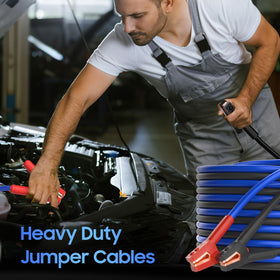 POWERBEST clamps attached to battery demonstrating quick roadside jump assistance