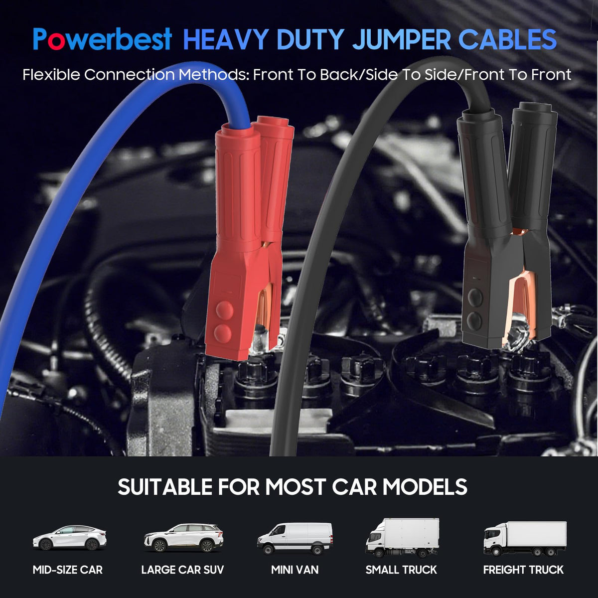 POWERBEST cables in use jump-starting a truck for reliable roadside help