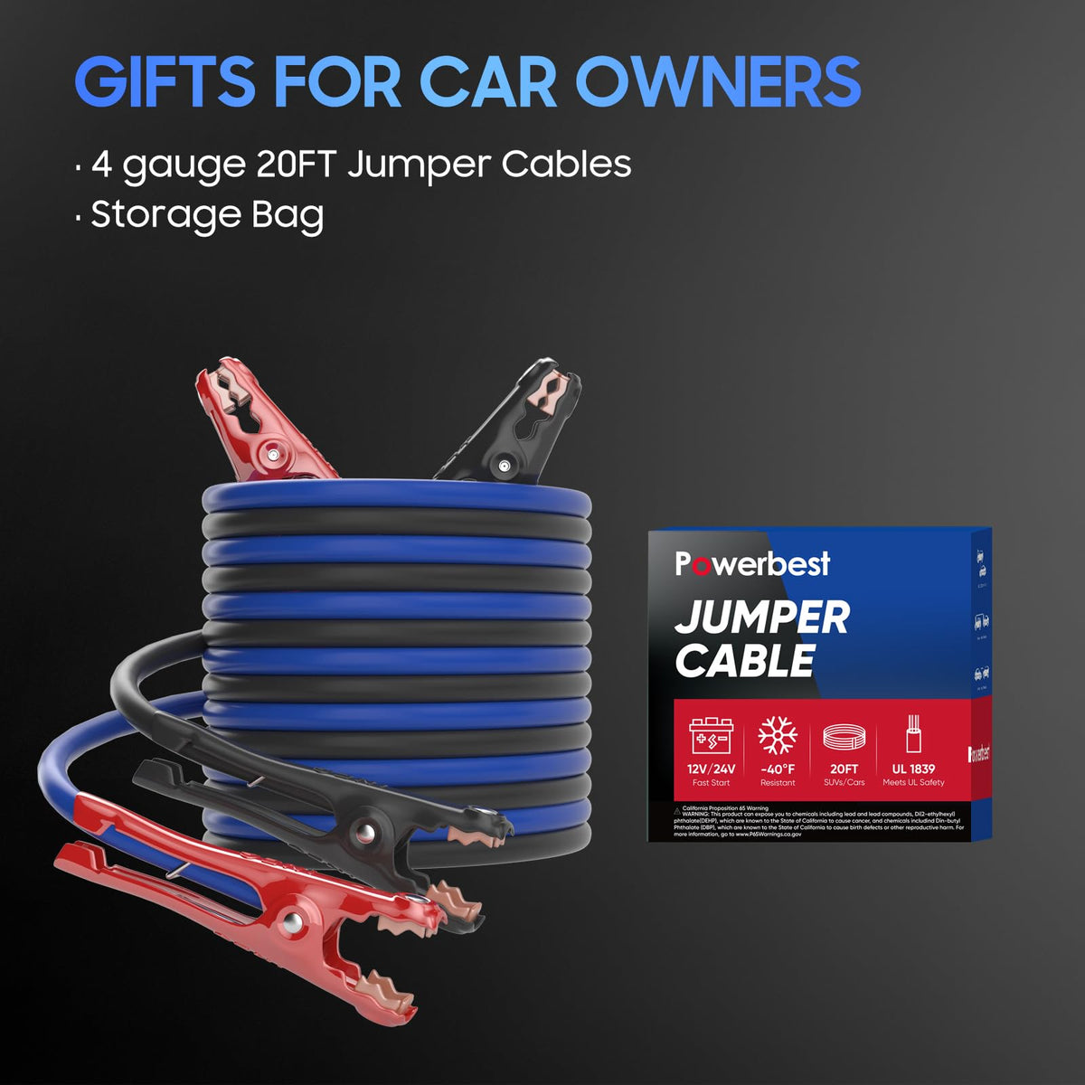 POWERBEST storage case with cables packed compactly for trunk-ready portability