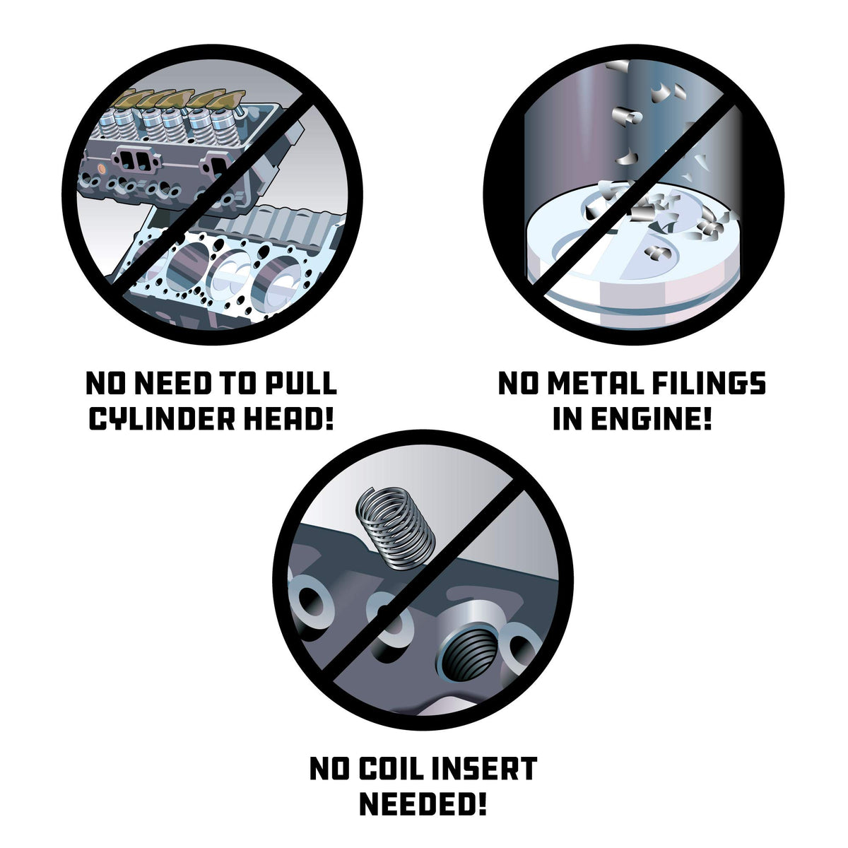 Powerbuilt in-use on motorcycle engine illustrating fast thread restoration without head removal