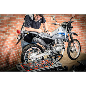 Powerbuilt long-pattern combination wrench set laid out for common motorcycle bolts