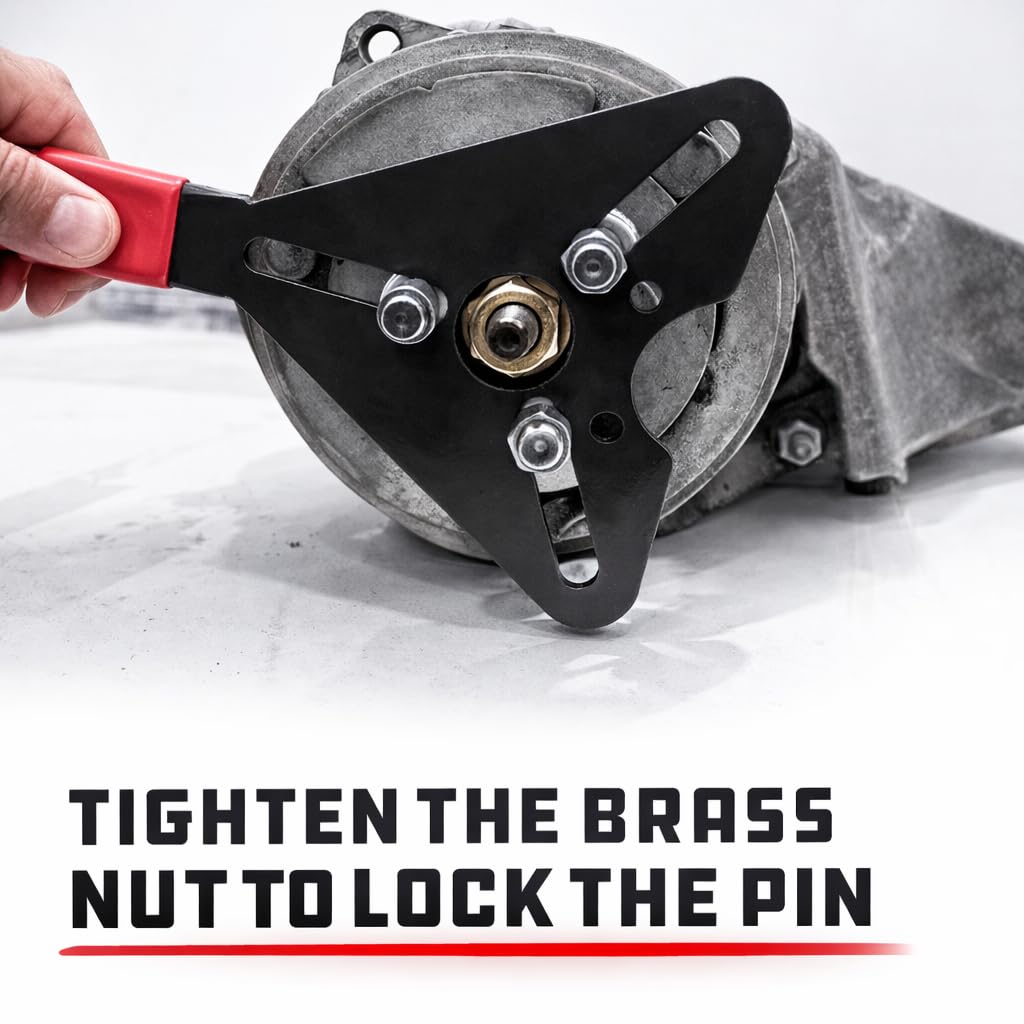 Powerbuilt tool mounted on an AC compressor demonstrating in-vehicle use to save removal time
