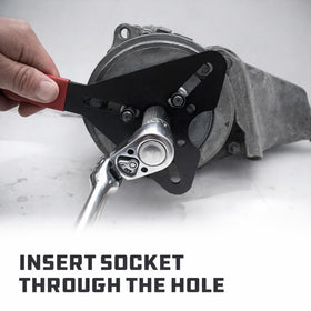 Powerbuilt tool beside ruler showing scale and compact size for tight engine-bay access