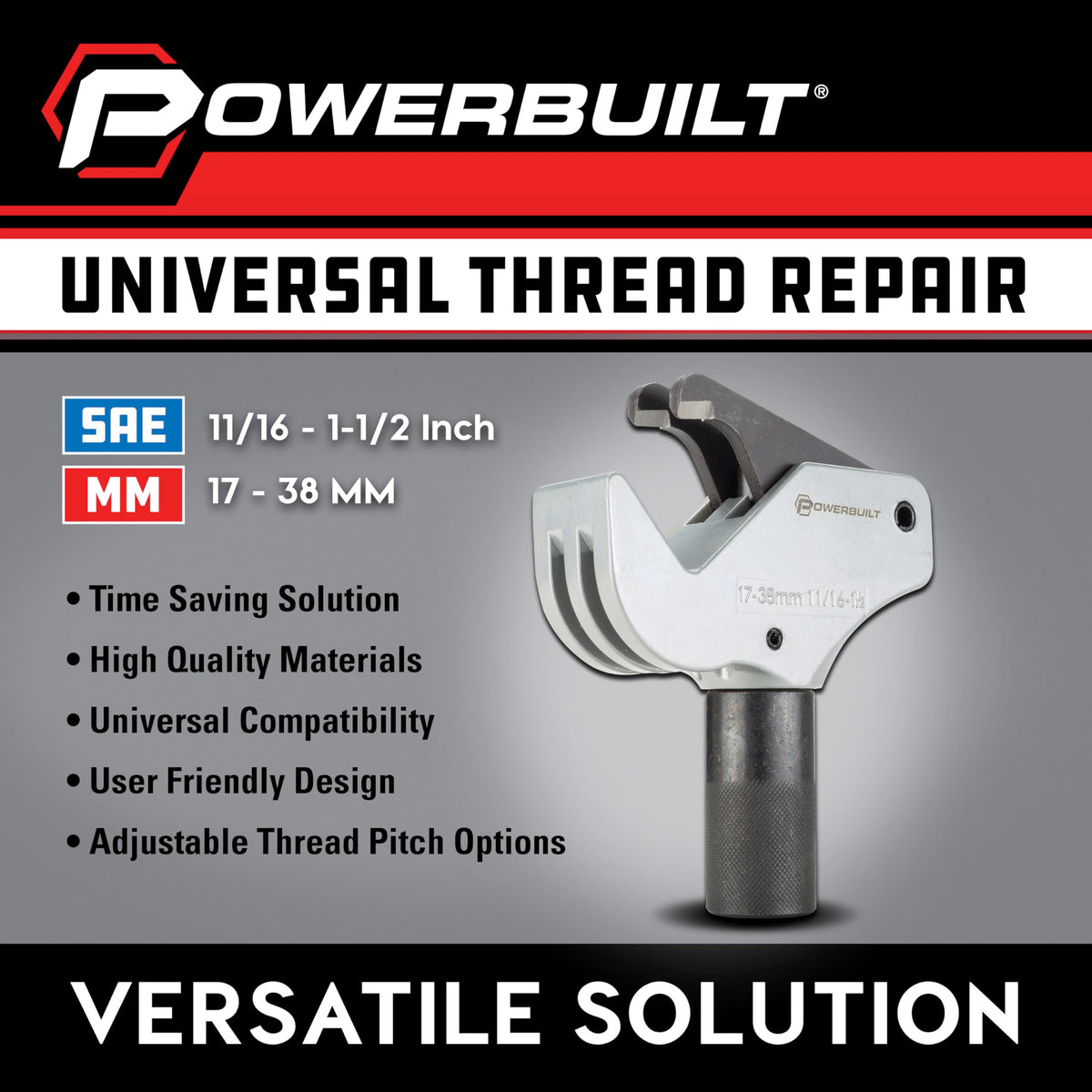 Powerbuilt detailed shot of threading jaws demonstrating clean thread restoration