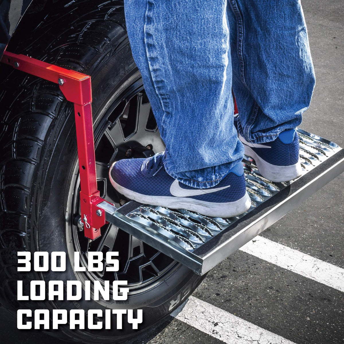 Powerbuilt mounted on truck tire demonstrating secure footing and practical use