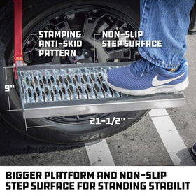 Powerbuilt beside tape measure showing platform dimensions and scale
