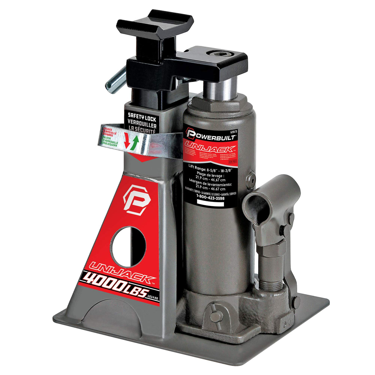 Powerbuilt UniJack front profile showing compact portable jack and stand benefits