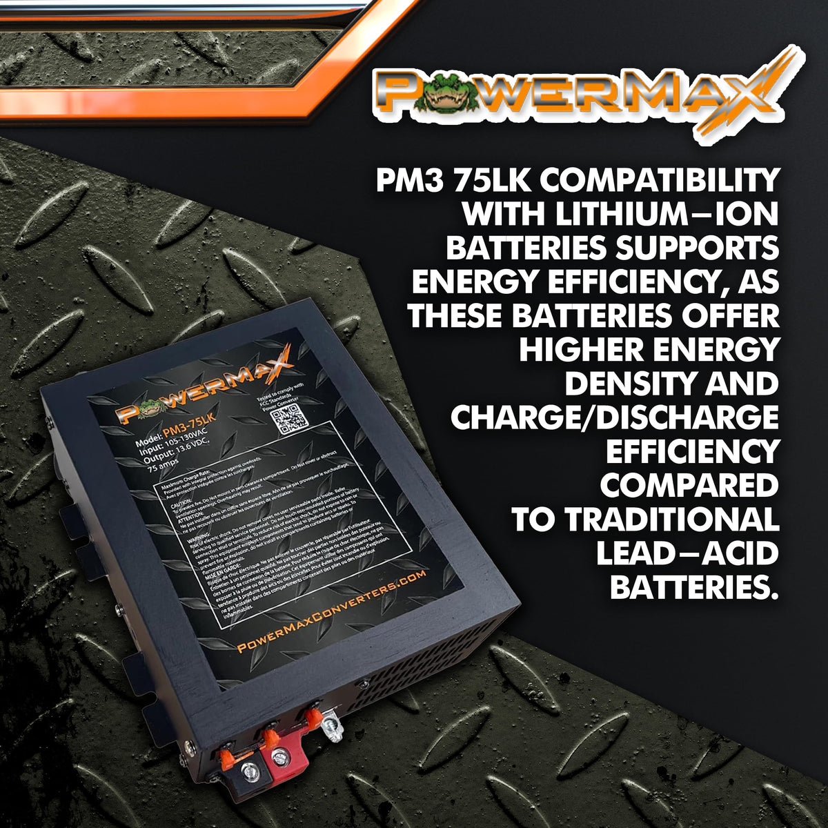 PowerMax PM3 mounted inside an RV converter compartment delivering steady DC power