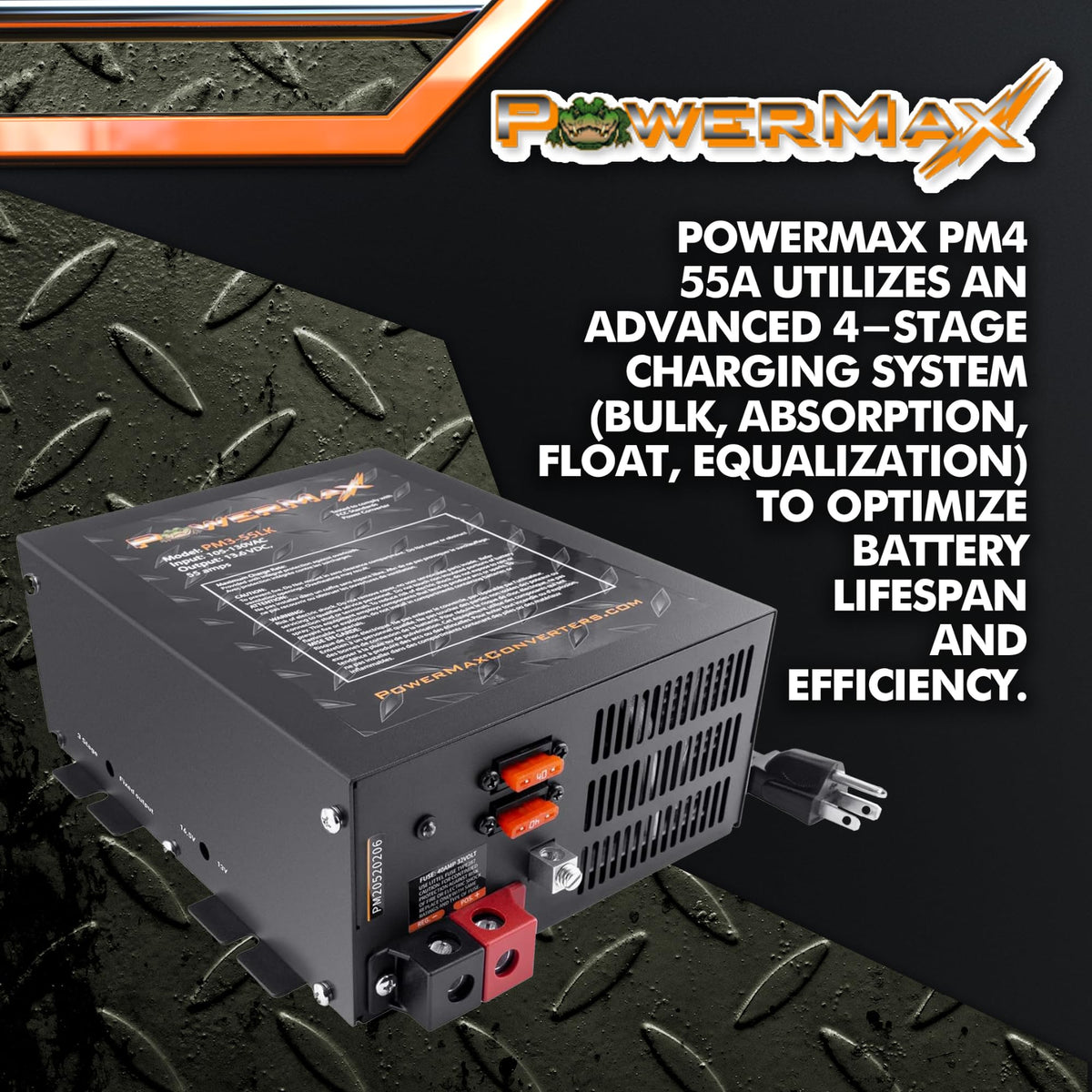 PowerMax PM4-55A terminal close-up highlighting secure battery and load connections