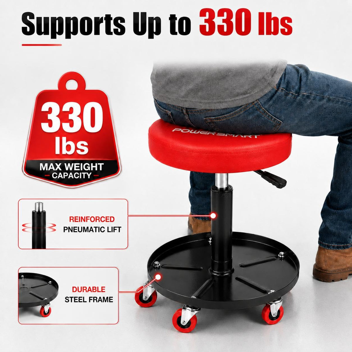 PowerSmart padded swivel seat closeup highlighting comfort for long repair sessions