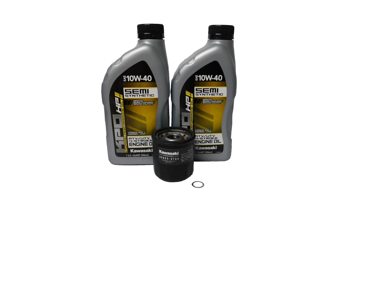 Powersports Authority Kawasaki oil change kit front view showing two 1-quart bottles, filter, and gasket for a clean OEM service