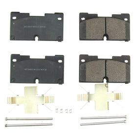 PowerStop pad close-up showing chamfered and slotted surface for quiet braking