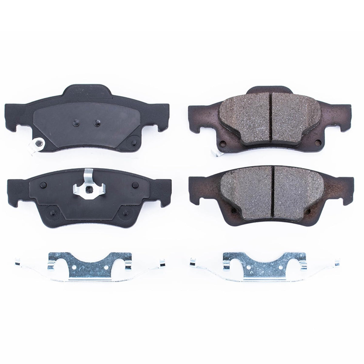 PowerStop pad close-up showing chamfered and slotted face for quieter, consistent braking