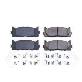 PowerStop pad face close-up revealing chamfers and slots for quieter braking