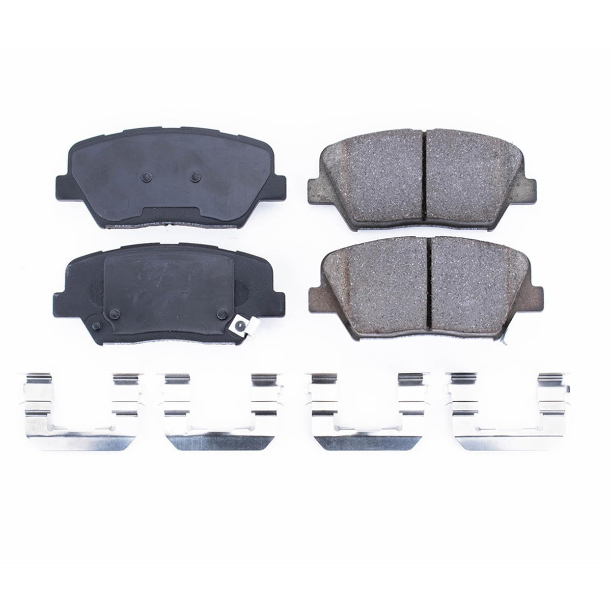 PowerStop pad surface close-up highlighting chamfered slots for quieter braking