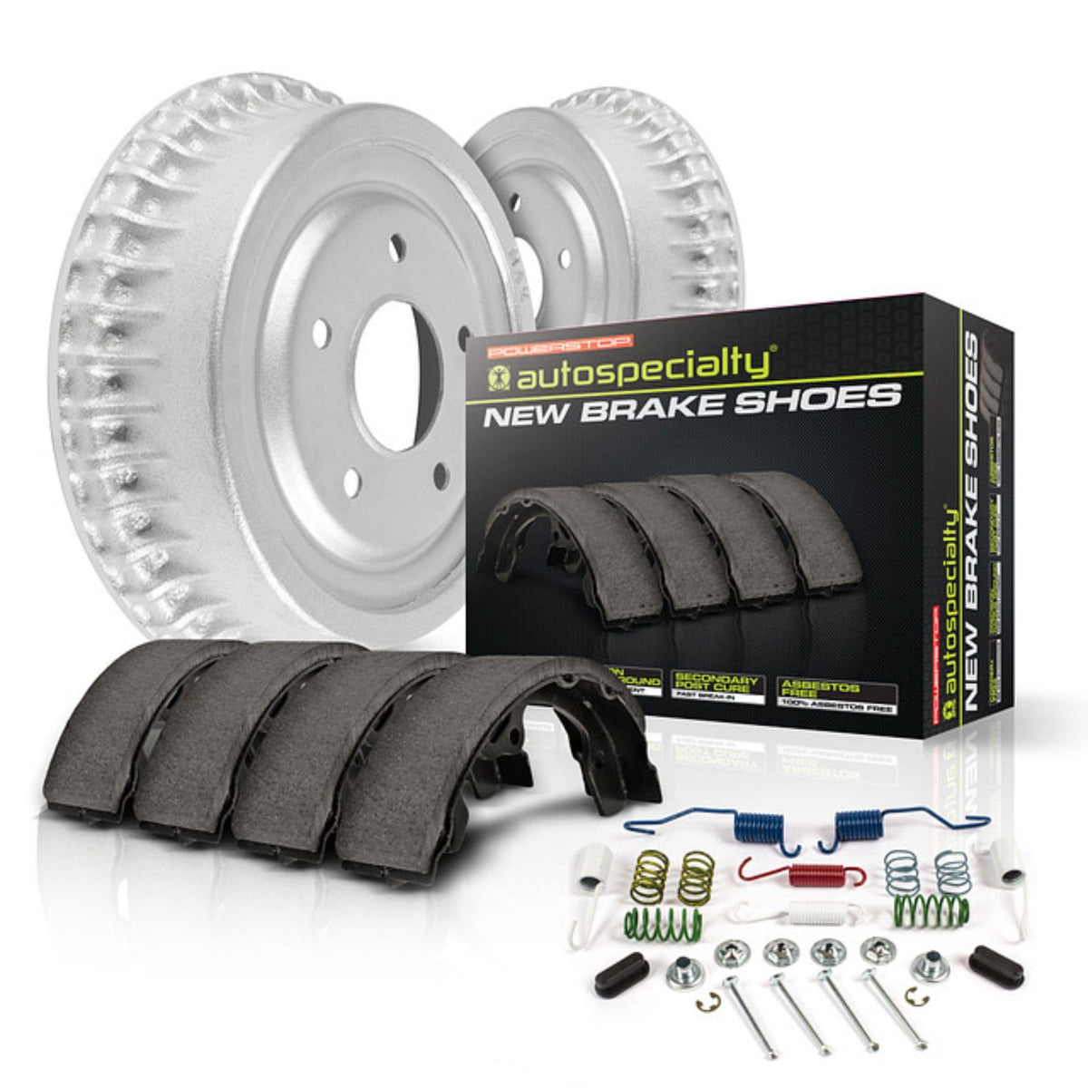 PowerStop rear drums and shoes kit front packaging showing complete contents and fitment benefit
