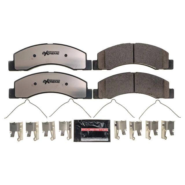 PowerStop pad profile close-up highlighting stainless-steel shim and reduced-noise benefit