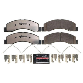 PowerStop pad profile close-up highlighting stainless-steel shim and reduced-noise benefit